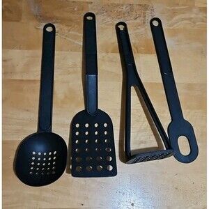 Set Of 4 Vintage T-Fal Black Nylon Kitchen Tools Flipper, Masher, Spoon, Spatula